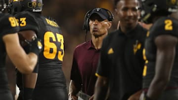 TEMPE, AZ - SEPTEMBER 08: Head coach Herm Edwards of the Arizona State Sun Devils on the sidelines during the second half of the college football game against the Michigan State Spartans at Sun Devil Stadium on September 8, 2018 in Tempe, Arizona. The Sun Devils defeated the Spartans 16-13. (Photo by Christian Petersen/Getty Images)