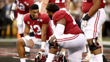 SANTA CLARA, CA - JANUARY 07: Tua Tagovailoa #13 of the Alabama Crimson Tide during warm ups against the Clemson Tigers in the CFP National Championship presented by AT&T at Levi's Stadium on January 7, 2019 in Santa Clara, California. (Photo by Ezra Shaw/Getty Images)