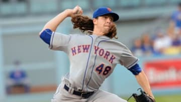 October 15, 2015; Los Angeles, CA, USA; New York Mets starting pitcher Jacob deGrom (48) pitches the second inning against Los Angeles Dodgers in game five of NLDS at Dodger Stadium. Mandatory Credit: Jayne Kamin-Oncea-USA TODAY Sports