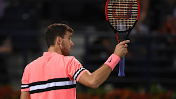 DUBAI, UNITED ARAB EMIRATES - FEBRUARY 27: Grigor Dimitrov of Bulgaria celebrates a point during his match against Malek Jaziri of Tunisia on day two of the ATP Dubai Duty Free Tennis Championships at the Dubai Duty Free Stadium on February 27, 2018 in Dubai, United Arab Emirates. (Photo by Tom Dulat/Getty Images)