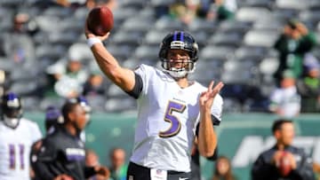 Oct 23, 2016; East Rutherford, NJ, USA; Baltimore Ravens quarterback Joe Flacco (5) throws a pass during the pregame warmups for their game against the New York Jets at MetLife Stadium. Mandatory Credit: Ed Mulholland-USA TODAY Sports