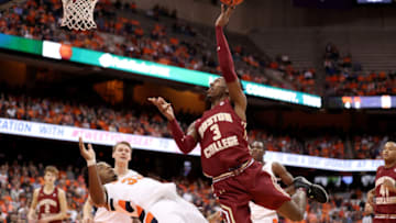 SYRACUSE, NEW YORK - JANUARY 15: Elijah Hughes #33 of the Syracuse Orange guards Jared Hamilton #3 of the Boston College Eagles as he drives to the basket during the first half of an NCAA basketball game at Carrier Dome on January 15, 2020 in Syracuse, New York. (Photo by Bryan Bennett/Getty Images)