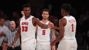 NEW YORK, NY - NOVEMBER 17: Semi Ojeleye #33 celebrates with Shake Milton #1 of the Southern Methodist Mustangs against the Pittsburgh Panthers in the second half during the 2K Classic at Madison Square Garden on November 17, 2016 in New York City. (Photo by Michael Reaves/Getty Images)