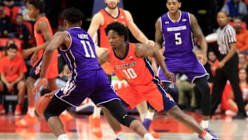 CHAMPAIGN, ILLINOIS - MARCH 03: Andres Feliz #10 of the Illinois Fighting Illini guards Anthony Gaines #10 of the Northwestern Wildcats during the first half at State Farm Center on March 03, 2019 in Champaign, Illinois. (Photo by Justin Casterline/Getty Images)