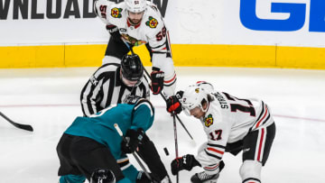 SAN JOSE, CA - MARCH 03: San Jose Sharks Center Joe Thornton (19) and Chicago Blackhawks Center Dylan Strome (17) face off during the game between the Chicago Blackhawks and the San Jose Sharks on Sunday, March 3, 2019 at the SAP Center in San Jose, California. (Photo by Douglas Stringer/Icon Sportswire via Getty Images)