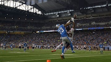 Oct 18, 2015; Detroit, MI, USA; Detroit Lions cornerback Darius Slay (23) breaks up a pass intended for Chicago Bears tight end Martellus Bennett (83) in a NFL game at Ford Field. Mandatory Credit: Kirby Lee-USA TODAY Sports