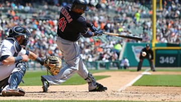 Apr 23, 2016; Detroit, MI, USA; Cleveland Indians designated hitter Carlos Santana (41) hits an RBI double against the Detroit Tigers in the third inning at Comerica Park. Mandatory Credit: Aaron Doster-USA TODAY Sports