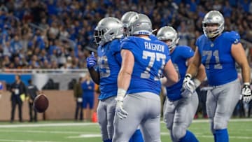 DETROIT, MI - NOVEMBER 22: Running back LeGarrette Blount #29 of the Detroit Lions celebrates his second quarter touchdown with teammates Frank Ragnow #77, Rick Wagner #71 and Kenny Wiggins #79 during an NFL game against the Chicago Bears at Ford Field on November 22, 2018 in Detroit, Michigan. (Photo by Dave Reginek/Getty Images)