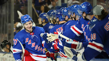 NEW YORK, NEW YORK - MAY 05: Frank Vatrano #77 of the New York Rangers celebrates his third period goal against the Pittsburgh Penguins in Game Two of the First Round of the 2022 Stanley Cup Playoffs at Madison Square Garden on May 05, 2022 in New York City. The Rangers defeated the Penguins 5-2. (Photo by Bruce Bennett/Getty Images)