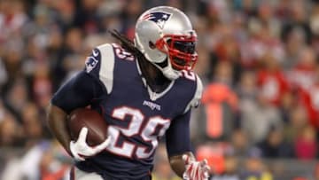 Dec 6, 2015; Foxborough, MA, USA; New England Patriots running back LeGarrette Blount (29) runs against the Philadelphia Eagles during the first quarter at Gillette Stadium. Mandatory Credit: Stew Milne-USA TODAY Sports