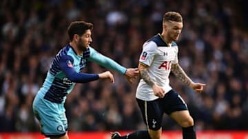 LONDON, ENGLAND - JANUARY 28: Kieran Trippier of Tottenham Hotspur and Joe Jacobson of Wycombe Wanderers compete for the ball during the Emirates FA Cup Fourth Round match between Tottenham Hotspur and Wycombe Wanderers at White Hart Lane on January 28, 2017 in London, England. (Photo by Dan Mullan/Getty Images)