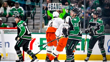 Dec 1, 2022; Dallas, Texas, USA; Dallas Stars left wing Jason Robertson (21) celebrates after he scores his third goal of the game during the third period for a hat trick against the Anaheim Ducks at the American Airlines Center. Mandatory Credit: Jerome Miron-USA TODAY Sports