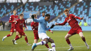 MANCHESTER, ENGLAND - JANUARY 05: Jayden Braaf of Manchester City shoots during Manchester City v Liverpool FC U23's at The Academy Stadium on January 05, 2020 in Manchester, England. (Photo by Charlotte Tattersall/Getty Images)