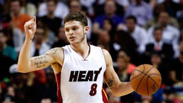 Nov 23, 2015; Miami, FL, USA; Miami Heat guard Tyler Johnson (8) dribbles the ball against the New York Knicks during the second half at American Airlines Arena. The Heat won 95-78. Mandatory Credit: Steve Mitchell-USA TODAY Sports