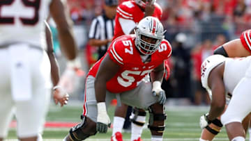 Sep 19, 2015; Columbus, OH, USA; Ohio State Buckeyes offensive lineman Chase Farris (57) versus the Northern Illinois Huskies at Ohio Stadium. Ohio State held on to win 20-13. Mandatory Credit: Joe Maiorana-USA TODAY Sports