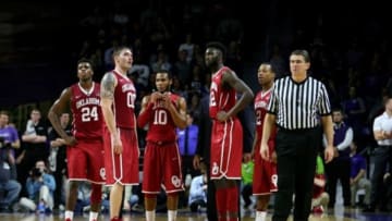 Feb 6, 2016; Manhattan, KS, USA; Members of the Oklahoma Sooners watch Kansas State Wildcats shoot free throws after a technical foul at Fred Bramlage Coliseum. The Wildcats won the game, 80-69. Mandatory Credit: Scott Sewell-USA TODAY Sports