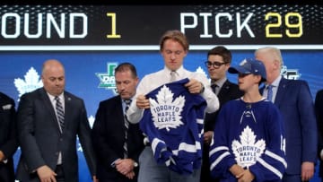 DALLAS, TX - JUNE 22: Rasmus Sandin poses after being selected twenty-ninth overall by the Toronto Maple Leafs during the first round of the 2018 NHL Draft at American Airlines Center on June 22, 2018 in Dallas, Texas. (Photo by Bruce Bennett/Getty Images)
