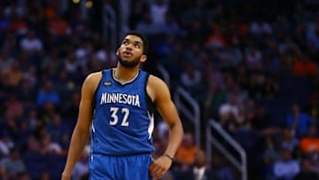 Mar 14, 2016; Phoenix, AZ, USA; Minnesota Timberwolves center Karl-Anthony Towns (32) reacts against the Phoenix Suns at Talking Stick Resort Arena. The Suns defeated the Timberwolves 107-104. Mandatory Credit: Mark J. Rebilas-USA TODAY Sports