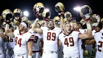 DEKALB, IL - SEPTEMBER 01: Boston College Eagles players celebrate after a win against the Northern Illinois Huskies at Huskie Stadium on September 1, 2017 in DeKalb, Illinois. Boston College won 23-20. (Photo by Joe Robbins/Getty Images)