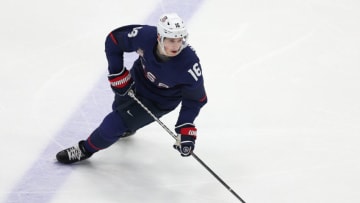 BEIJING, CHINA - FEBRUARY 16: Nick Abruzzese #16 of Team United States (Toronto Maple Leafs) skates with the puck during the Men’s Ice Hockey Quarterfinal match between Team United States and Team Slovakia on Day 12 of the Beijing 2022 Winter Olympic Games at National Indoor Stadium on February 16, 2022 in Beijing, China. (Photo by Richard Heathcote/Getty Images)