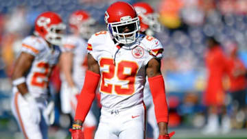 Nov 22, 2015; San Diego, CA, USA; Kansas City Chiefs free safety Eric Berry (29) looks on before the game against the San Diego Chargers at Qualcomm Stadium. Mandatory Credit: Jake Roth-USA TODAY Sports