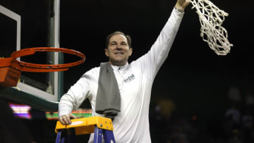 WACO, TX - MARCH 5: Head coach Scott Drew of the Baylor Bears celebrates the team"u2019s 75-68 win over the Iowa State Cyclones at the Ferrell Center on March 5, 2022 in Waco, Texas. Baylor won a share of the Big 12 Championship with the win. (Photo by Ron Jenkins/Getty Images)