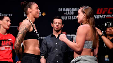 SACRAMENTO, CALIFORNIA - JULY 12: (L-R) Germaine de Randamie of the Netherlands and Aspen Ladd face off during the UFC Fight Night weigh-ins at Golden 1 Center on July 12, 2019 in Sacramento, California. (Photo by Jeff Bottari/Zuffa LLC/Zuffa LLC via Getty Images)