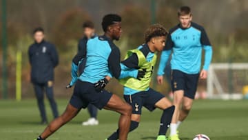 ENFIELD, ENGLAND - FEBRUARY 14: Josh Onomah and Marcus Edwards of Tottenham during the Tottenham Hotspur training session at Tottenham Hotspur Training Centre on February 14, 2017 in Enfield, England. (Photo by Tottenham Hotspur FC/Tottenham Hotspur FC via Getty Images)