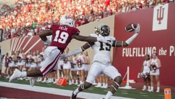 Sep 24, 2016; Bloomington, IN, USA; Wake Forest Demon Deacons wide receiver Cortez Lewis (15) misses a pass in the end zone under coverage from Indiana Hoosiers defensive back Tony Fields (19) during the second half of the game at Memorial Stadium. Wake Forest defeated Indiana 33-28. Mandatory Credit: Marc Lebryk-USA TODAY Sports