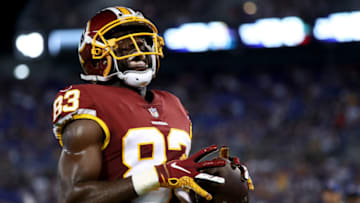 BALTIMORE, MD - AUGUST 30: Brian Quick #83 of the Washington Redskins celebrates after catching a first half touchdown pass against the Baltimore Ravens during a preseason game at M&T Bank Stadium on August 30, 2018 in Baltimore, Maryland. (Photo by Rob Carr/Getty Images)