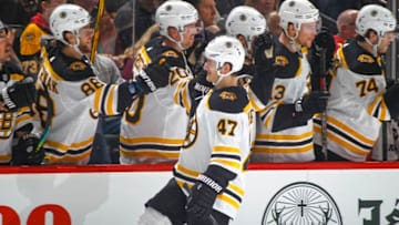 SAINT PAUL, MN - FEBRUARY 1: Torey Krug #47 of the Boston Bruins celebrates his goal against the Minnesota Wild during the game at the Xcel Energy Center on February 1, 2019 in Saint Paul, Minnesota. (Photo by Bruce Kluckhohn/NHLI via Getty Images)