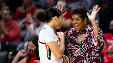Cincinnati Bearcats head coach Michelle Clark-Heard and Jillian Hayes at Fifth Third Arena. The Enquirer.
