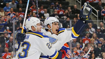 Oct 20, 2016; Edmonton, Alberta, CAN; St. Louis Blues forward Nail Yakupov (64) celebrates a second period goal against the Edmonton Oilers at Rogers Place. Mandatory Credit: Perry Nelson-USA TODAY Sports