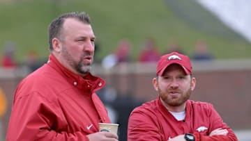 Nov 25, 2016; Columbia, MO, USA; Arkansas Razorbacks head coach Bret Bielema talks with defensive coordinator Robb Smith (right) before the game against the Missouri Tigers at Faurot Field. Missouri won 28-24. Mandatory Credit: Denny Medley-USA TODAY Sports