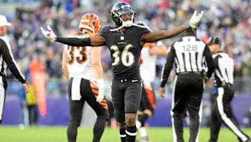 Nov 27, 2016; Baltimore, MD, USA; Baltimore Ravens cornerback Tavon Young (36) reacts after a turnover in the fourth quarter against the Cincinnati Bengals at M&T Bank Stadium. Mandatory Credit: Evan Habeeb-USA TODAY Sports