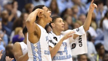 Jan 30, 2016; Chapel Hill, NC, USA; North Carolina Tar Heels forward Kennedy Meeks (3) and forward Justin Jackson (44) react in the first half at Dean E. Smith Center. Mandatory Credit: Bob Donnan-USA TODAY Sports