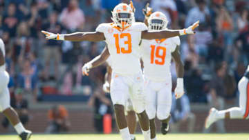 AUBURN, AL - OCTOBER 13: Linebacker Deandre Johnson #13 of the Tennessee Volunteers celebrates after a big play during the fourth quarter of their game against the Auburn Tigers at Jordan-Hare Stadium on October 13, 2018 in Auburn, Alabama. (Photo by Michael Chang/Getty Images)