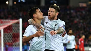 MOSCOW, RUSSIA - SEPTEMBER 26: Philippe Coutinho of Liverpool celebrates scoring his sides first goal with Alberto Moreno of Liverpool during the UEFA Champions League group E match between Spartak Moskva and Liverpool FC at Otkrytije Arena on September 26, 2017 in Moscow, Russia. (Photo by Dan Mullan/Getty Images)