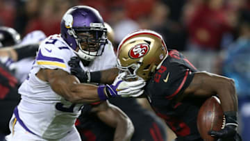 SANTA CLARA, CA - SEPTEMBER 14: Carlos Hyde #28 of the San Francisco 49ers is hit by Everson Griffen #97 of the Minnesota Vikings during their NFL game at Levi's Stadium on September 14, 2015 in Santa Clara, California. (Photo by Ezra Shaw/Getty Images)
