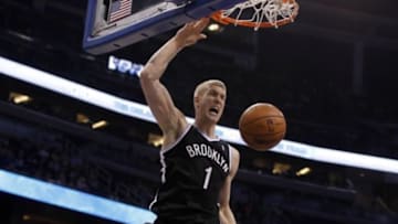 Apr 9, 2014; Orlando, FL, USA; Brooklyn Nets forward Mason Plumlee (1) reacts after he dunks against the Orlando Magic during the first quarter at Amway Center. Mandatory Credit: Kim Klement-USA TODAY Sports