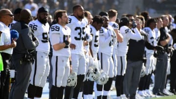 CARSON, CA - DECEMBER 31: The Oakland Raiders during the national anthem prior to the game against the Oakland Raiders at StubHub Center on December 31, 2017 in Carson, California. (Photo by Harry How/Getty Images)