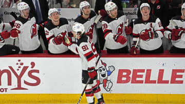 Nov 5, 2023; Chicago, Illinois, USA; New Jersey Devils center Dawson Mercer (91) celebrates his goal against the Chicago Blackhawks during the first period at United Center. Mandatory Credit: David Banks-USA TODAY Sports