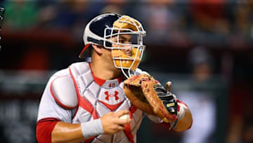 Aug 1, 2016; Phoenix, AZ, USA; Washington Nationals catcher Wilson Ramos against the Arizona Diamondbacks at Chase Field. Mandatory Credit: Mark J. Rebilas-USA TODAY Sports