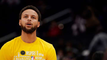 WASHINGTON, DC - FEBRUARY 03: Stephen Curry #30 of the Golden State Warriors works out before a game between the Golden State Warriors and Washington Wizards at Capital One Arena on February 03, 2020 in Washington, DC. NOTE TO USER: User expressly acknowledges and agrees that, by downloading and or using this photograph, User is consenting to the terms and conditions of the Getty Images License Agreement. (Photo by Patrick McDermott/Getty Images)