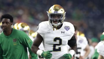 ARLINGTON, TEXAS - DECEMBER 29: Jordan Genmark Heath #2 of the Notre Dame Fighting Irish runs off the field at halftime against the Clemson Tigers during the College Football Playoff Semifinal Goodyear Cotton Bowl Classic at AT&T Stadium on December 29, 2018 in Arlington, Texas. (Photo by Tim Warner/Getty Images)