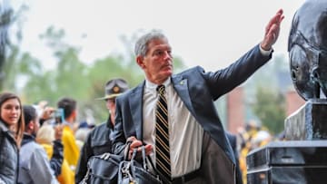 Oct 1, 2016; Iowa City, IA, USA; Iowa Hawkeyes head coach Kirk Ferentz enters the stadium before the game against the Northwestern Wildcats at Kinnick Stadium. Mandatory Credit: Jeffrey Becker-USA TODAY Sports