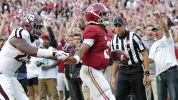 Oct 22, 2016; Tuscaloosa, AL, USA; Alabama Crimson Tide quarterback Jalen Hurts (2) scores against Texas A&M Aggies at Bryant-Denny Stadium. Mandatory Credit: Marvin Gentry-USA TODAY Sports