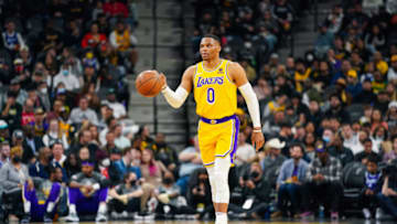 Give me the Denver Nuggets backcourt over LA's: Los Angeles Lakers guard Russell Westbrook (0) dribbles the ball in the second half against the San Antonio Spurs at the AT&T Center on 7 Mar. 2022. (Daniel Dunn-USA TODAY Sports)