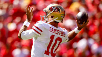 KANSAS CITY, MO - SEPTEMBER 23: Jimmy Garoppolo #10 of the San Francisco 49ers throws a pass during the game against the Kansas City Chiefs at Arrowhead Stadium on September 23rd, 2018 in Kansas City, Missouri. (Photo by David Eulitt/Getty Images)