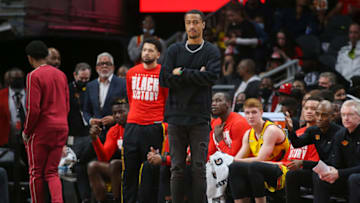 Feb 26, 2022; Atlanta, Georgia, USA; Atlanta Hawks forward John Collins (20) on the sideline against the Toronto Raptors in the second quarter at State Farm Arena. Mandatory Credit: Brett Davis-USA TODAY Sports